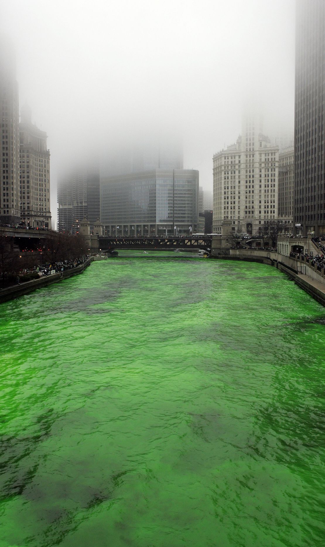 The Chicago River is dyed green for the annual St. Patrick's Day celebration.