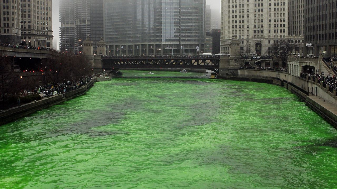 The Chicago River is dyed green for the annual St. Patrick's Day celebration.