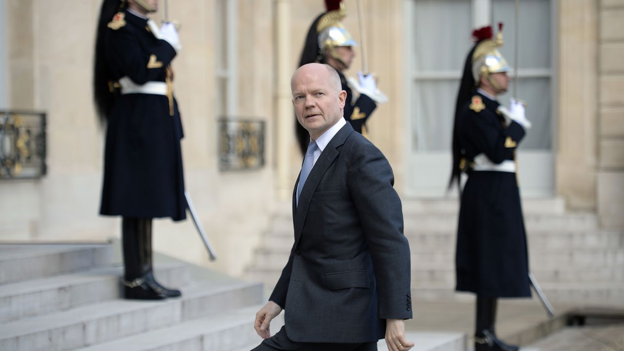 British Foreign Affairs Secretary William Hague arrives at the Elysee presidential palace in Paris for a diplomatic meeting dedicated to the situation in Lebanon. France, the United States, and the United Kingdom met in Paris today to discuss the impact on Lebanon of the ongoing violent conflict in Syria, as well as the current crisis in Ukraine. AFP PHOTO / MARTIN BUREAU (Photo credit should read MARTIN BUREAU/AFP/Getty Images)