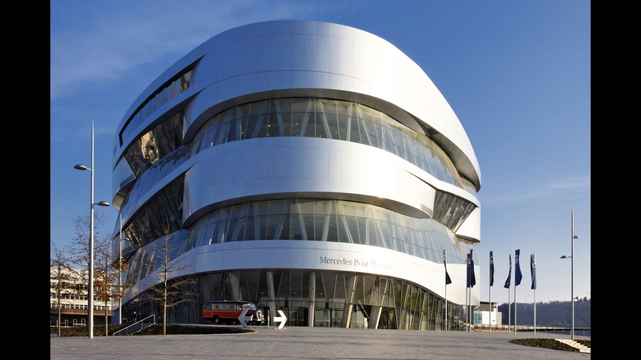 The Mercedes-Benz Museum in Stuttgart, Germany, contains info on 125 years of automotive history -- and some really cool elevators with curving metallic exteriors and visor-shaped windows.