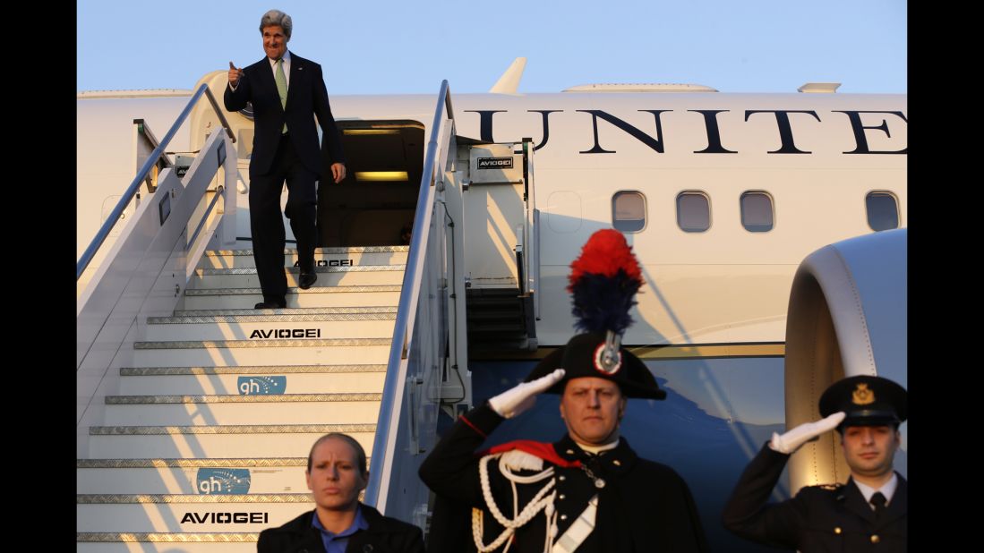 Kerry touches down in Rome during a hectic nine-day trip in February 2013. Kerry accompanied President Barack Obama to Europe, Israel, Jordan and several Palestinian territories.  