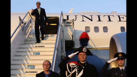 Kerry touches down in Rome during a hectic nine-day trip in February 2013. Kerry accompanied President Barack Obama to Europe, Israel, Jordan and several Palestinian territories.