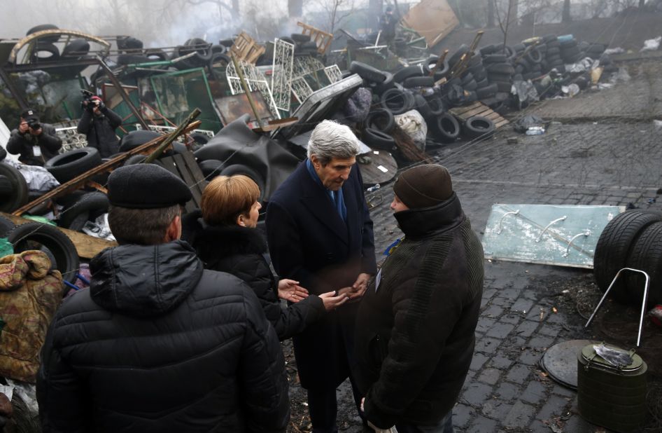 Kerry stands beside a barricade at the Shrine of the Fallen in Kiev, Ukraine, in March 2014. It was part of his trip to Europe in search of a diplomatic solution to the crisis in Ukraine.
