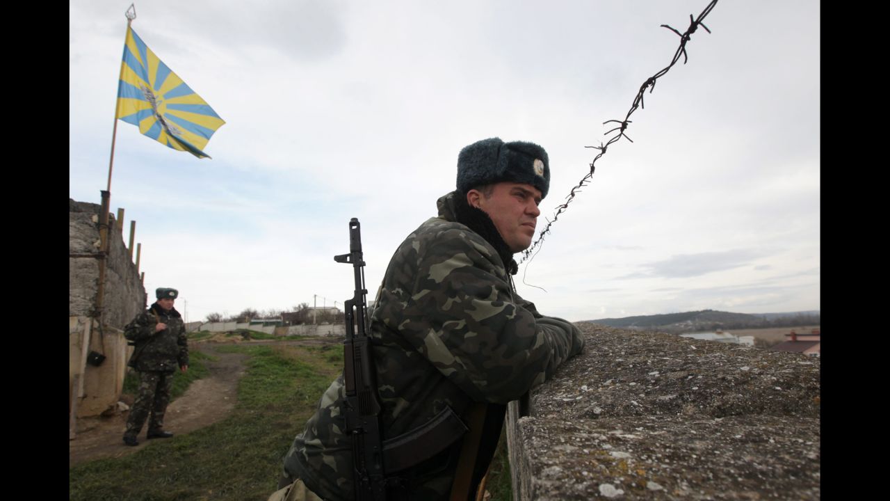 Ukrainian troops guard the Belbek air base on March 6.