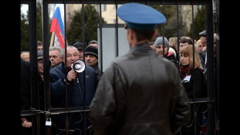 Pro-Russia protesters demonstrate outside the Belbek air base, near Sevastopol, on Thursday, March 6.