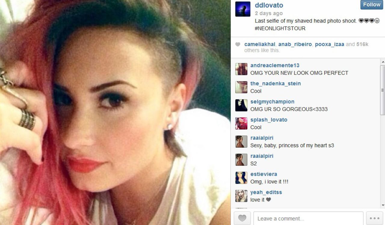 Demi Lovato is now just three-quarters away from having a completely shaved head. The singer revealed March 5 that she had shaved off a section of her hair, leaving a punk strip right near the front. Along with the new look came an uptick in selfies from Lovato: "Sorry guys I can't stop taking selfies cause I'm UHHHBESSED with my new hair!" she posted on Instagram. 