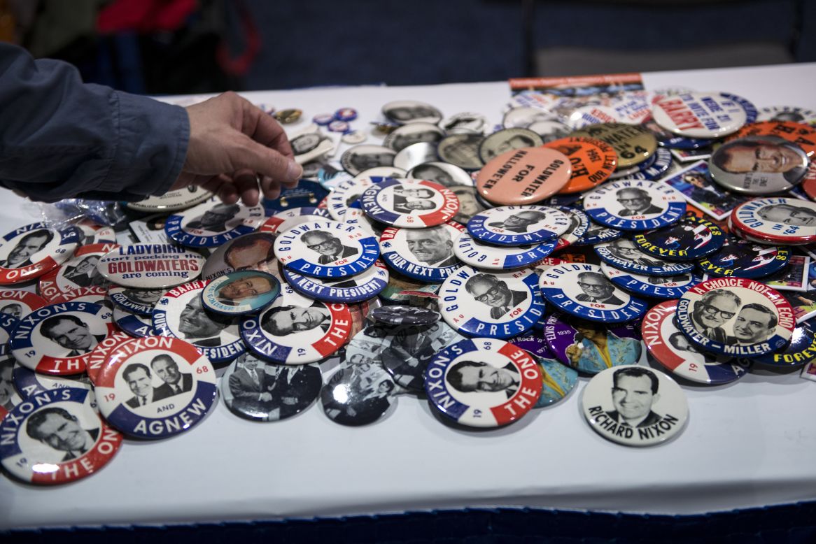 Vintage and modern Republican campaign buttons were available from a CPAC vendor.