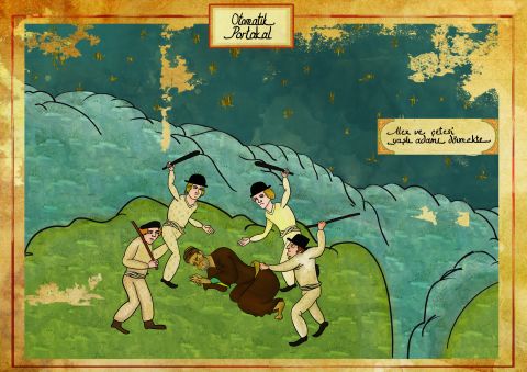 Here, Palta reconstructs the scene from Clockwork Orange where Alex and his 'droogs' beat a homeless man.