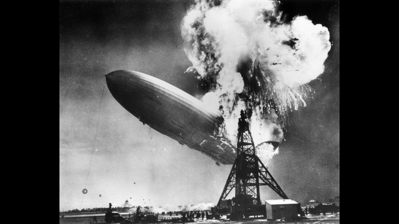 The Hindenburg zeppelin bursts into flames in Lakehurst, New Jersey, in May 1937.