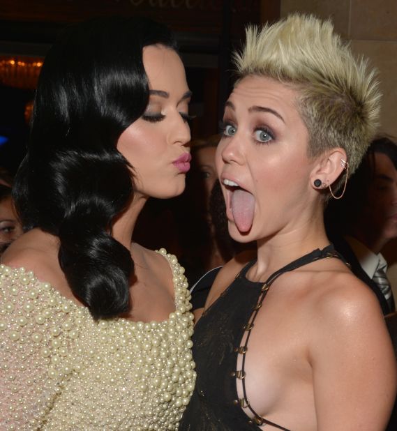Katy Perry and Cyrus got in some smooching action during a Los Angeles concert in February. <a href="http://marquee.blogs.cnn.com/2014/02/24/miley-cyrus-kissed-katy-perry-and-she-liked-it/">Cyrus tweeted the lip lock</a>, though the pair later got into a beef about the smooch when Perry questioned <a href="http://www.cnn.com/2014/03/06/showbiz/celebrity-news-gossip/miley-cyrus-katy-perry-tongue/">Cyrus' tongue hygiene during a radio interview in March 2014.</a> They later made up -- via Twitter, of course. 