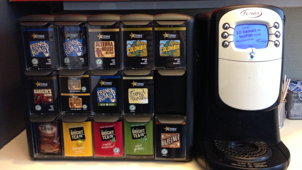 Other options: CNN has these fancy Flavia machines in New York. Here in Atlanta we drink from giant coffee urns that may or may not ever get cleaned.