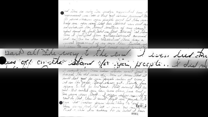 Another letter uncovered during the investigation was written by Masse and dated April 21, 1986, which was after Killian's trial. According to the Ninth Circuit Court of Appeals, the letter reflects "Masse's state of mind during his testimony. This letter states flatly: 'I gave you DeSantis and Killian. ... I even lied my ass off on the stand for you people.'" See Masse's <a href="index.php?page=&url=http%3A%2F%2Fi2.cdn.turner.com%2Fcnn%2F2014%2Fimages%2F03%2F06%2Fmasse-letter.pdf" target="_blank" target="_blank">handwritten letter</a> and the official <a href="index.php?page=&url=http%3A%2F%2Fi2.cdn.turner.com%2Fcnn%2F2014%2Fimages%2F03%2F06%2Ftranscript-masse-letter.pdf" target="_blank" target="_blank">transcript of the letter</a>. 