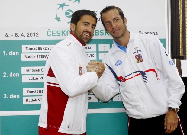 Janko Tipsarevic, left, and Radek Stepanek were all smiles prior to their encounter in the Davis Cup in 2012. But after their singles match, Tipsarevic claimed Stepanek gave him the middle finger during the handshake. 
