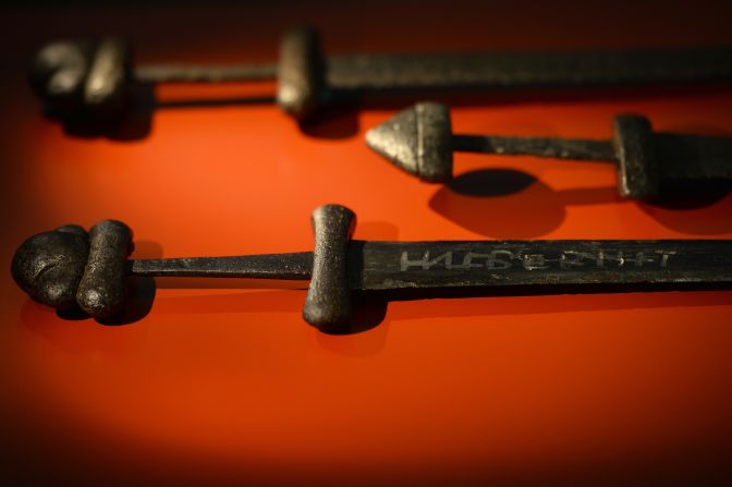 The London exhibition features hundreds of ancient artifacts, including these hefty swords found in Russia which date back to around 1000 AD.