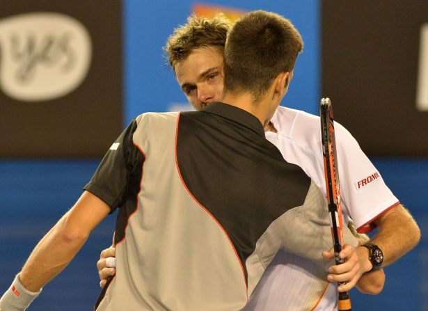 Some players, especially Novak Djokovic, like to hug at the net. He exchanged an embrace with Stanislas Wawrinka, face shown, at this year's Australian Open after he lost. Djokovic once also swapped shirts, a la football, with Ivan Ljubicic.  