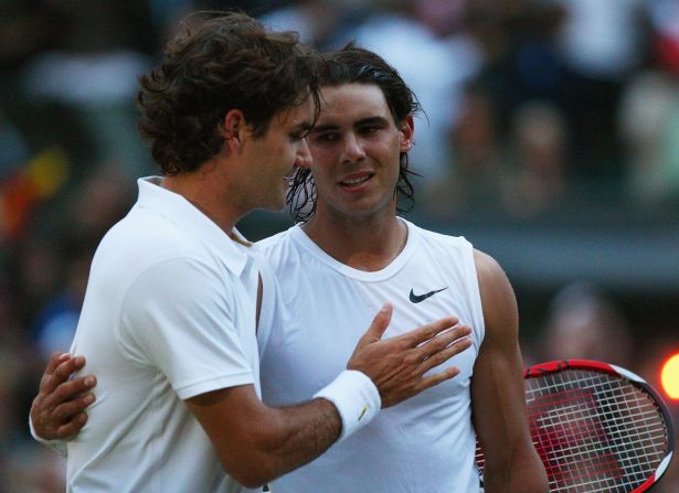 This is how Roger Federer, left, and Rafael Nadal met at the net after the 2008 Wimbledon final, widely regarded as one of the best matches -- if not the best -- in tennis history. 