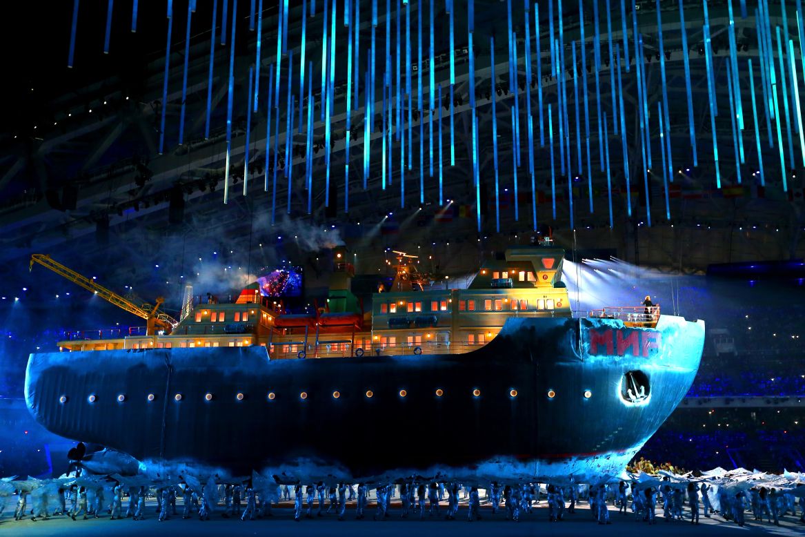 A model of a giant icebreaker enters the arena carrying opera singer Maria Guleghina.