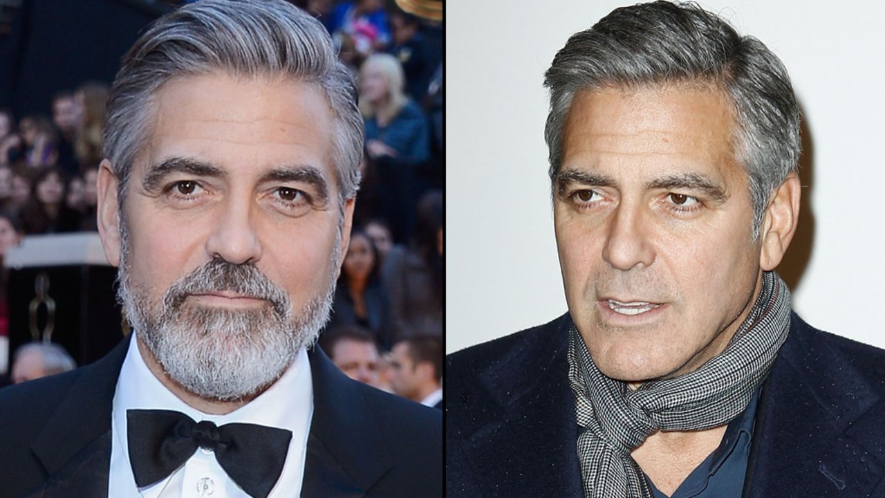 George Clooney sports a beard at this year's Oscars, but is clean-shaven in Paris in February. 