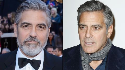George Clooney sports a beard at this year's Oscars, but is clean-shaven in Paris in February. 