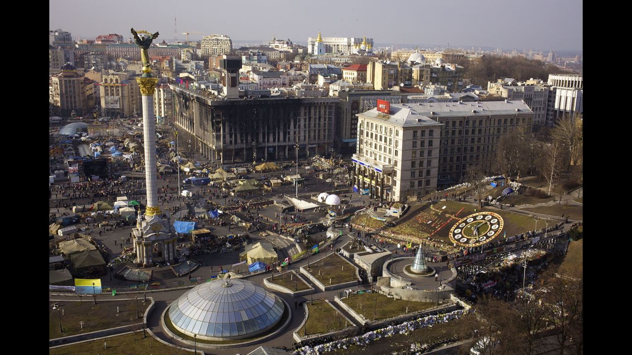 KIEV, UKRAINE:  An aerial photo of Independence Square, or Maidan, in Kiev on March 8.  Many remain camped out in Independence Square, while others stream through the area to pay tribute to those who were killed. Photo by CNN's Tony Umrani.
