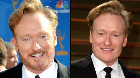 Conan O'Brien sports a ginger beard at the 2010 Primetime Emmy Awards, and is seen smooth-faced at the 2014 Vanity Fair Oscar Party.