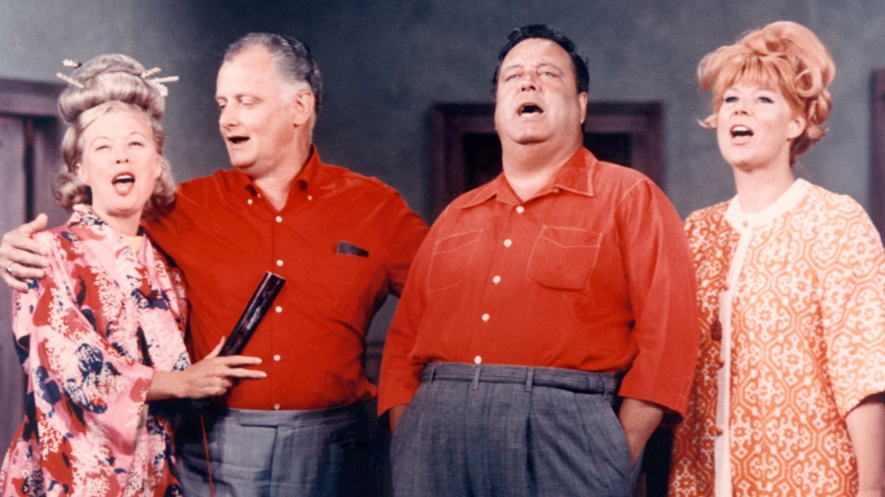 Sheila MacRae, far right, appears in the "The Honeymooners" with Jane Kean, Art Carney and Jackie Gleason. 