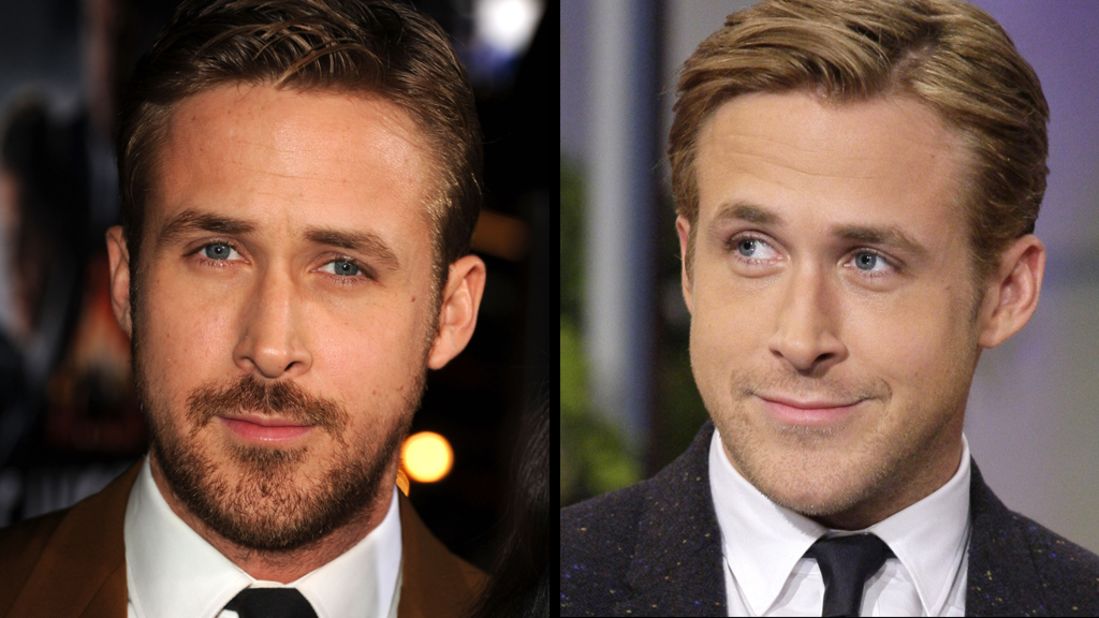 Ryan Gosling arrives at the 2013 premiere of "Gangster Squad" wearing some scruff and is beardless on the Tonight Show in 2011. 