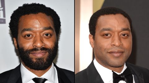 Chiwetel Ejiofor wears a full beard at the 2014 Golden Globes in January, but trims it off for the Oscars. 