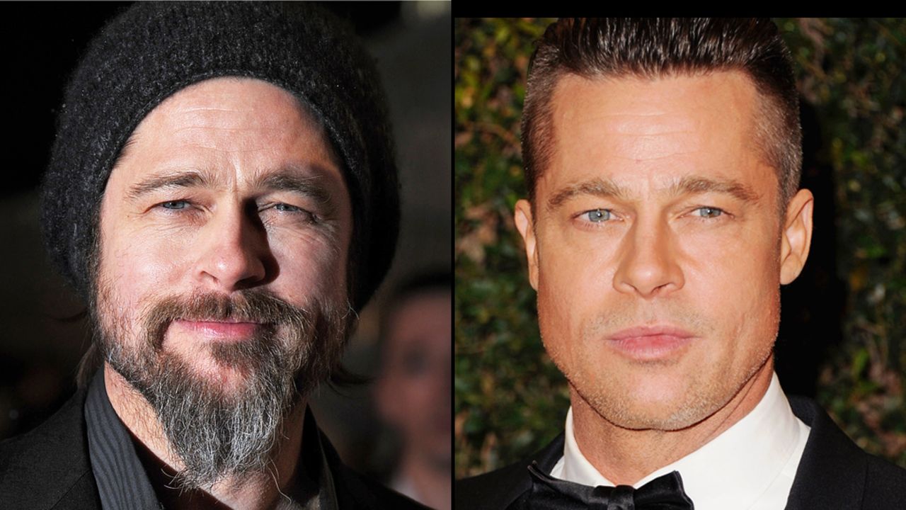 Brad Pitt tries out a bohemian look, complete with beard, at the 2010 premiere of "Kick-Ass" in London, but goes for a more military style for the 2014 Academy Of Motion Picture Arts And Sciences' Governor Awards.