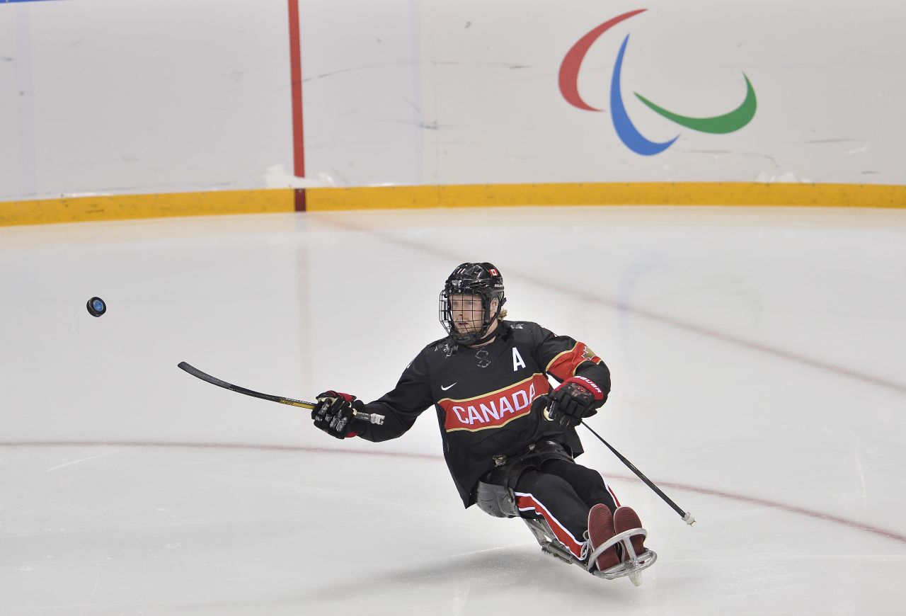 Adam Dixon competes during the ice sledge hockey game between Canada and Norway on March 9.
