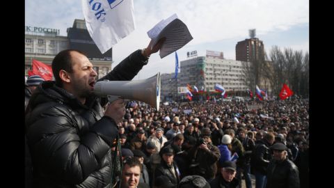 People shout slogans during a pro-Russia rally in Donetsk on Sunday, March 9. 