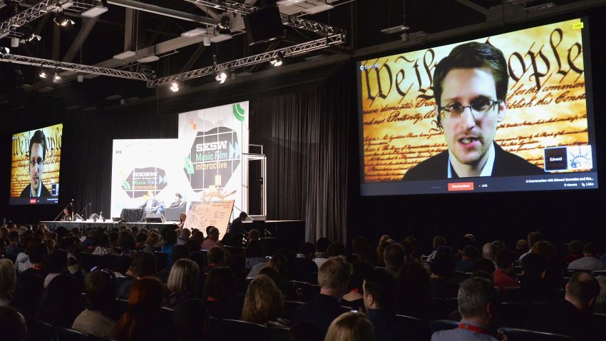 AUSTIN, TX - MARCH 10:  NSA whistleblower Edward Snowden speaks via videoconference at the "Virtual Conversation With Edward Snowden" during the 2014 SXSW Music, Film + Interactive Festival at the Austin Convention Center on March 10, 2014 in Austin, Texas.  (Photo by Michael Buckner/Getty Images for SXSW)