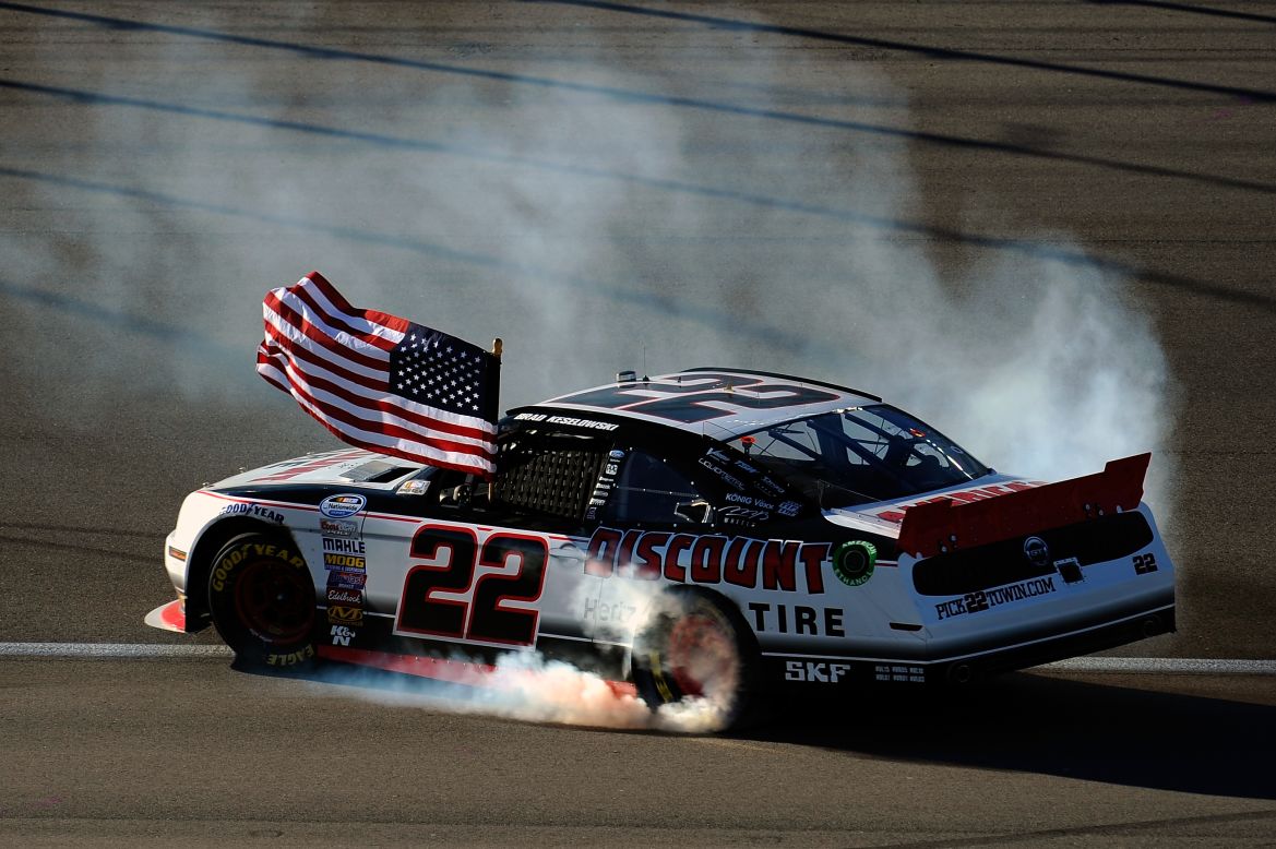 Brad Keselowski celebrates with a burnout after winning the NASCAR Nationwide Series race at Las Vegas Motor Speedway on Saturday, March 8.