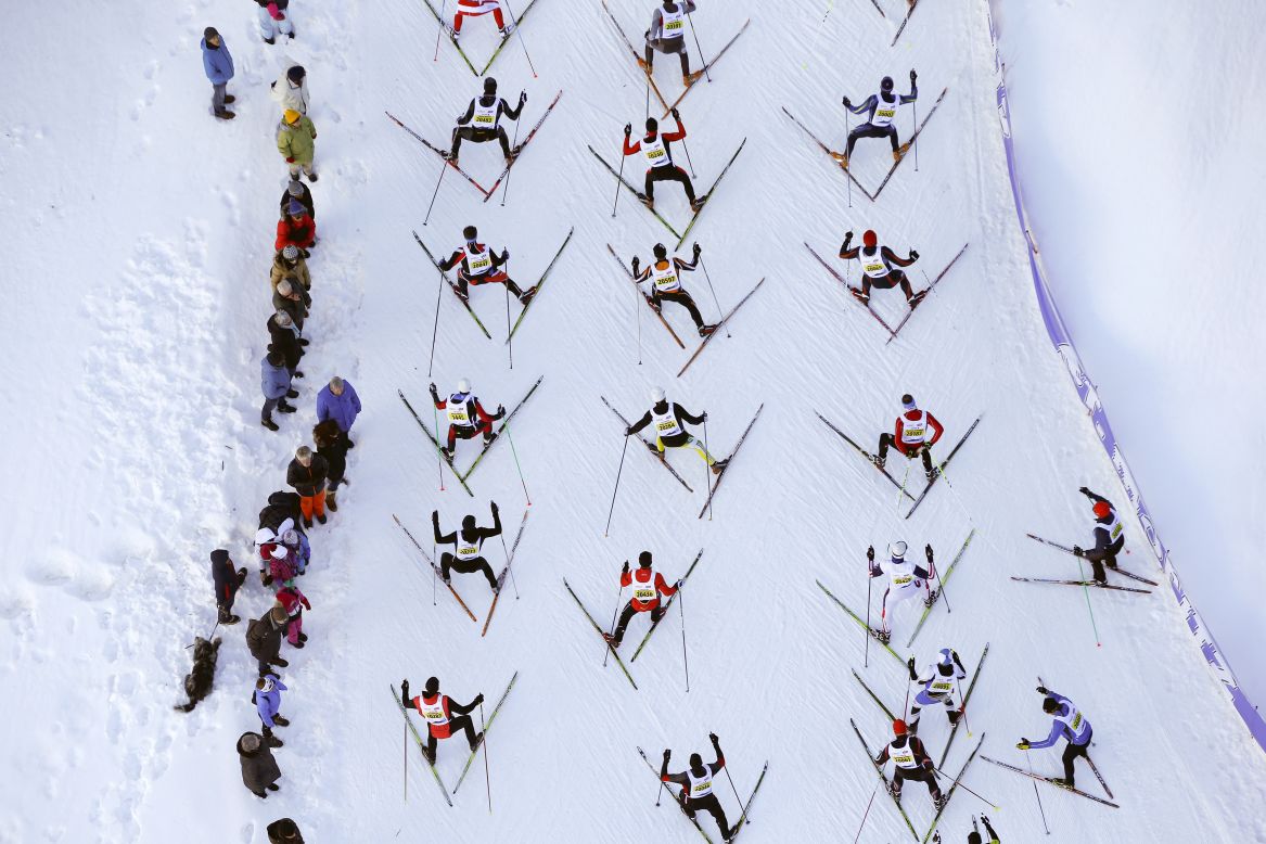 An aerial view shows cross-country skiers climbing a hill during the 46th Engadin Ski Marathon near the Swiss mountain resort of St. Moritz on Sunday, March 9.