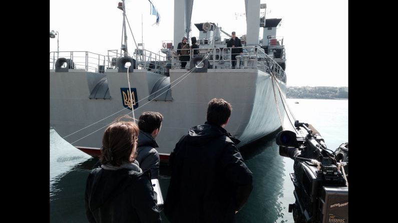 SEVASTOPOL, UKRAINE:  "CNN's Matthew Chance and  team talk to the first officer of the Ukrainian Intelligence Navy ship Slavutych inside the Port of Sevastopol on March 10." - CNN's Christian Streib.  Follow Christian on Instagram at <a href="index.php?page=&url=http%3A%2F%2Finstagram.com%2Fchristianstreibcnn" target="_blank" target="_blank">instagram.com/christianstreibcnn</a>.