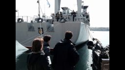 SEVASTOPOL, UKRAINE:  "CNN's Matthew Chance &  team talk to the first officer of the Ukrainian Intelligence Navy ship Slavutych inside the Port of Sevastopol on March 10." - CNN's Christian Streib.  Russian warships are standing nearby to prevent the Slavutych and the smaller Ternipol from departing as a blockade by Russian-led forces of Ukrainian military facilities and assets continues on Crimea. Follow Christian (@christianstreibcnn) and other CNNers along on Instagram at instagram.com/cnn.