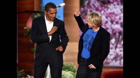 Then-Sen. Barack Obama dances with Ellen DeGeneres on her show to the song "Crazy In Love" in October 2007. "It's a low bar but I am pretty sure I have better moves than Giuliani," Obama joked, referring to the former New York mayor and onetime Republican presidential frontrunner.