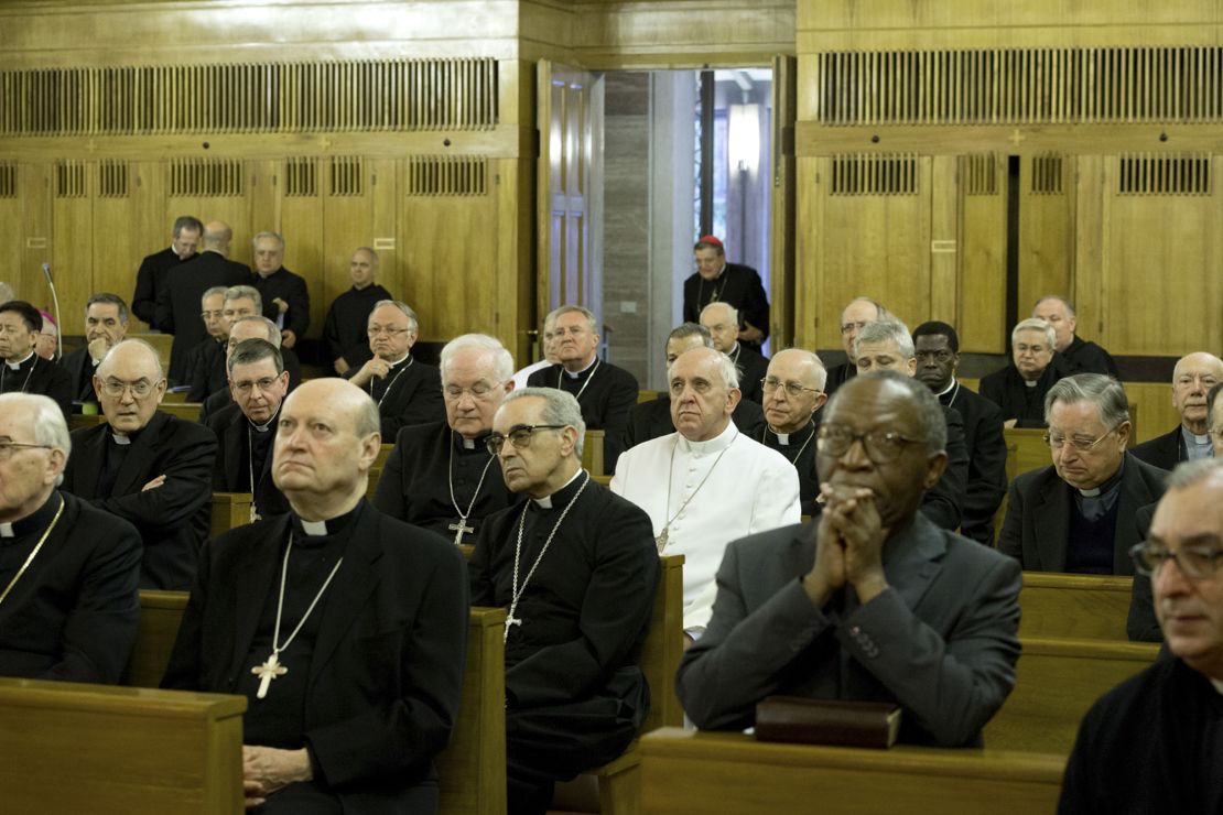 Pope Francis sits among bishops and cardinals at their recent annual retreat, as one of many.