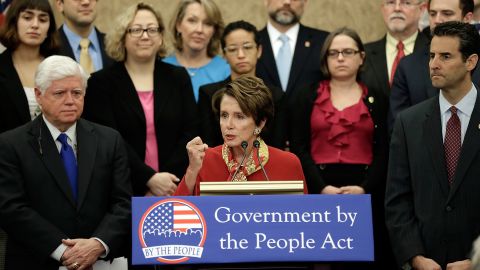 House Minority Leader Nancy Pelosi promotes the finance reform "Government by the People Act" on February 5.