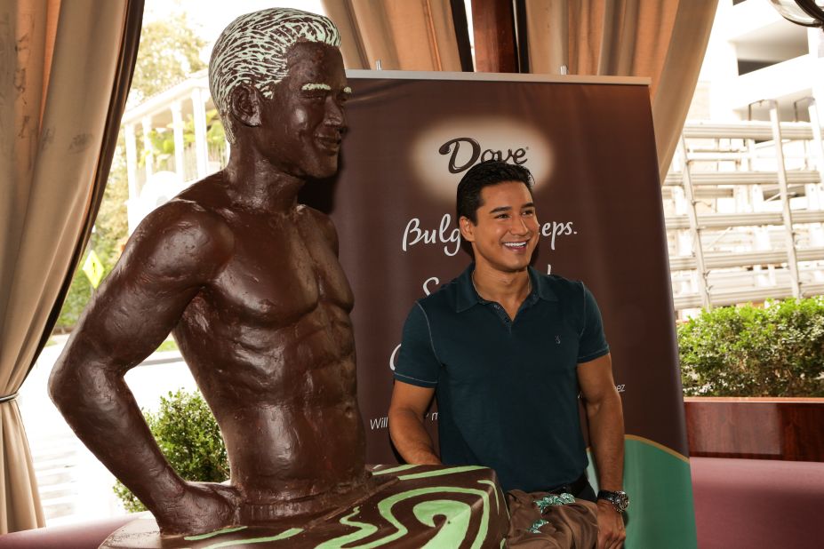With only photographs to work with, the pastry chef at the Towers of the  Waldorf Astoria New York spent months putting together near life-size chocolate statue replicas of an Australian couple. When celebrity TV host and actor, Mario Lopez, was immortalized in a mint and dark chocolate statue (pictured), it was only from the waist up. 