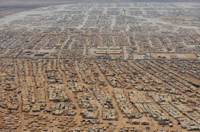 This is an aerial photograph of the Zaatari refugee camp, situated eight kilometers from the Jordan/Syria border, taken on July 18, 2013. As many as 150,000 people are now living there, with more arriving every day.<br />