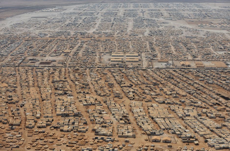 This is an aerial photograph of the Zaatari refugee camp, situated eight kilometers from the Jordan/Syria border, taken on July 18, 2013. As many as 150,000 people are now living there, with more arriving every day.<br />
