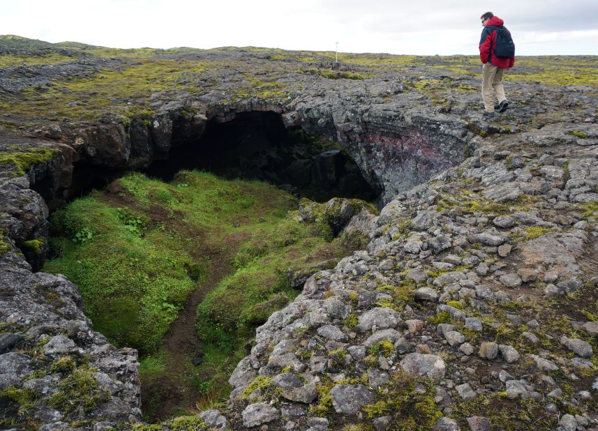 The rocks and small underground caves marking the scarred landscape around Thrihnukagigur are associated with huldufólk, Iceland's "hidden people." 