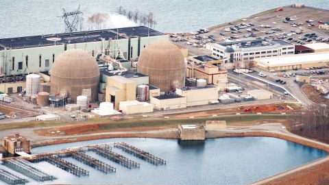 The North Anna, Virginia, #1 and #2 nuclear power generation stations operated by Dominion Virginia Power are seen in this aerial photo on March 24, 2011, at Lake Anna, Virginia. (PAUL J. RICHARDS/AFP/Getty Images)