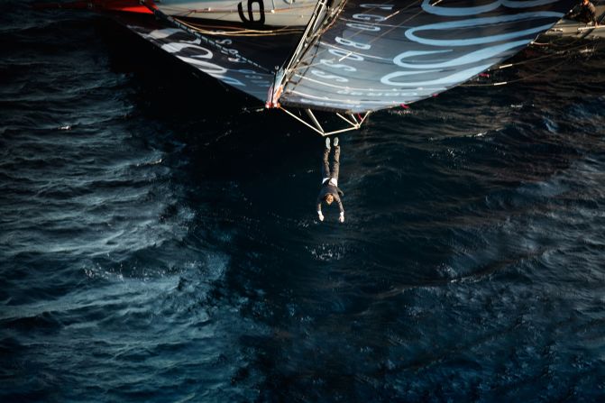 Thomson launches himself off the mast and into the water below having never performed a dive of such magnitude in his life before.