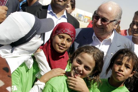 As part of FIFA's visit in July 2013, the world governing body's president Sepp Blatter met with some of the children who play football inside the camp.