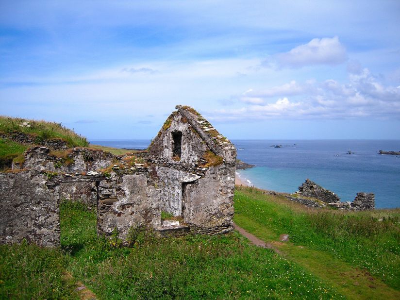 Ruins of stone buildings remain as evidence of the former residents of Great Blasket Island.