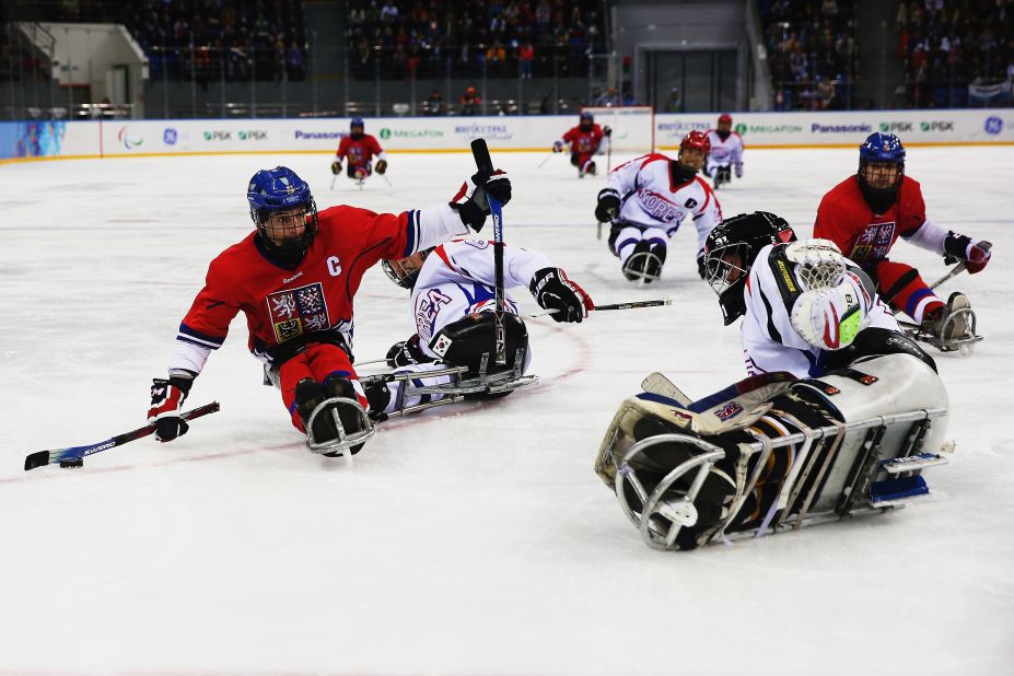 Zdenek Safranek of the Czech Republic shoots for goal during an ice sledge hockey game against South Korea on March 12.