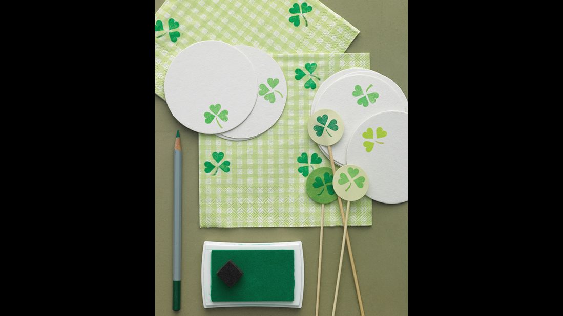 Rinse the pink ink from a heart-shaped rubber stamp, and use it (and a green ink pad) to add shamrocks to napkins, coasters, and more. To make a swizzle stick, stamp a clover pattern onto card stock, and draw a stem with a colored pencil; repeat. Cut out with a 1-inch circle craft punch. Glue circles together, back sides facing, onto a skewer.