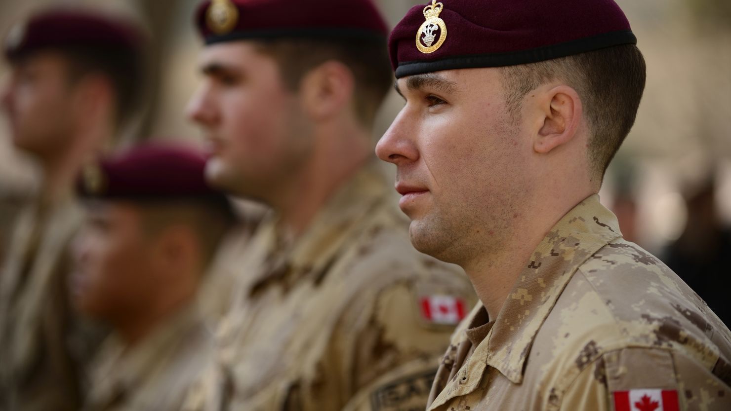 Canadian Master Corporal Jordan Taylor stands on parade during a ceremony at the ISAF headquarters in Kabul on March 12.